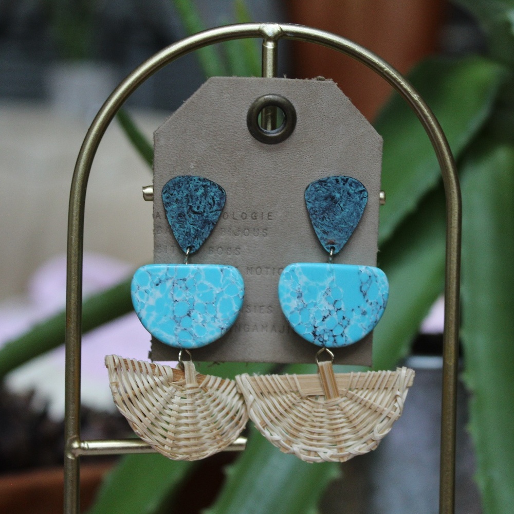 Anthropologie Tierney Drop Earrings (Wicker, Brass, Faux Turquoise)